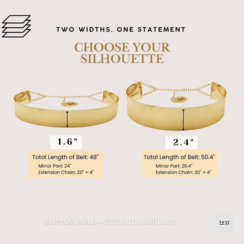 Fashion 21 Women's Shiny Polished Adjustable Metal Mirror Waist Belt Gold, Rose Gold, Silver Tone (1.6", Gold) - Image 2